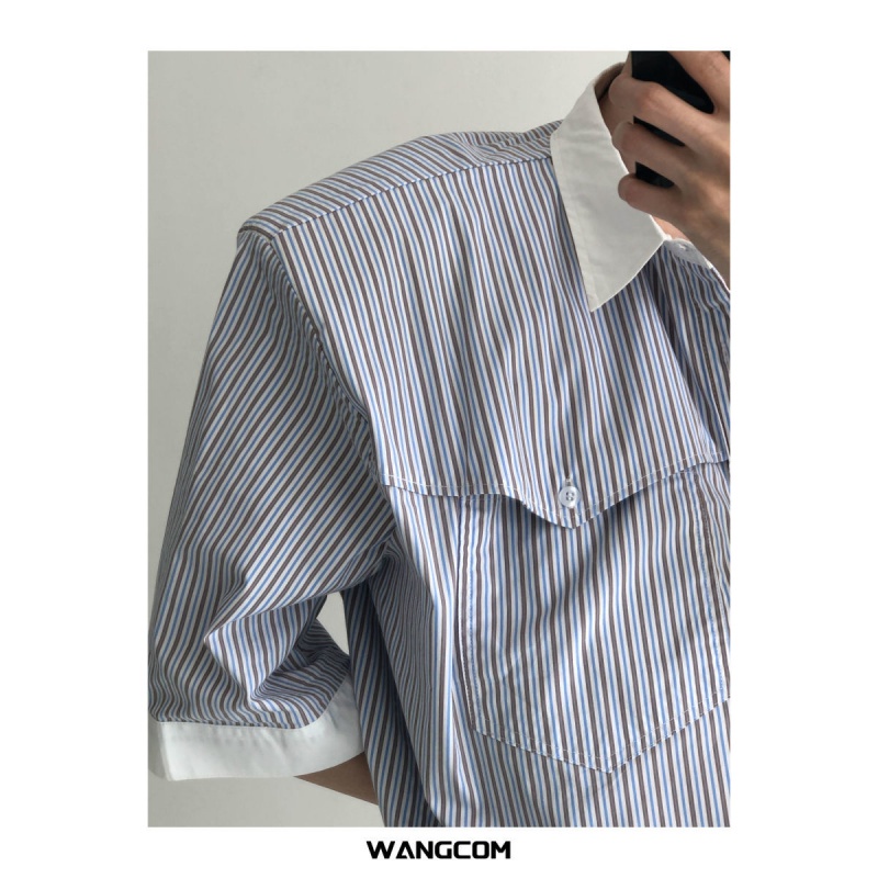 Áo Sơ Mi Tay Ngắn Dáng Rộng Kẻ Sọc Màu Sắc Tương Phản Thời Trang Mùa Hè Cho Nam
