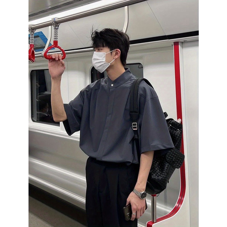 Áo Sơ Mi Tay Ngắn Cổ Đứng Dáng Rộng Phong Cách Đường Phố Thời Trang Mùa Hè Cho Nam