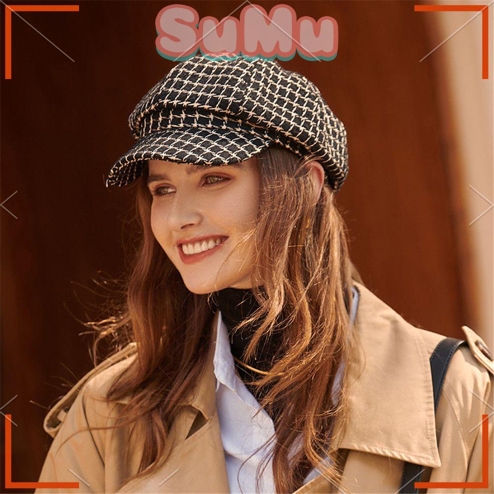 SUMU Mũ Beret Họa Tiết Sọc Caro Thời Trang Thu Đông Thanh Lịch Cho Nữ