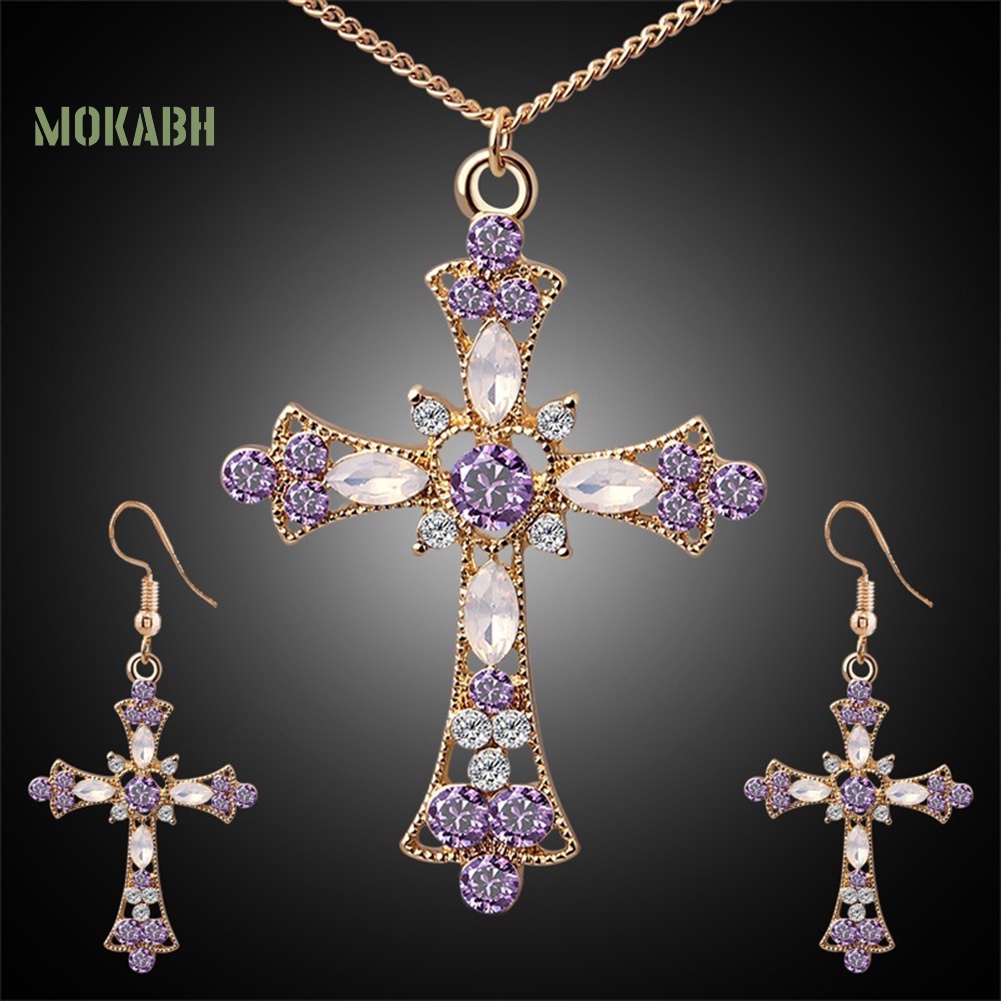 [Mok Abh] Bộ Vòng cổ Và Bông Tai Hình Thánh Giá Có Đính Kim Cương Giả