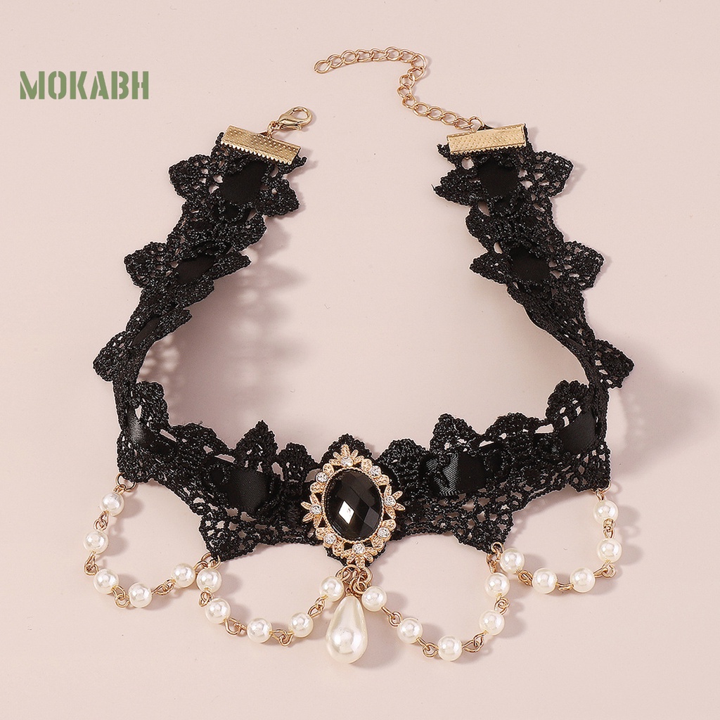[Mok Abh] Vòng Cổ Choker Ren Hoa Đính Đá Giả Phong Cách Gothic Cổ Điển Cho Nữ