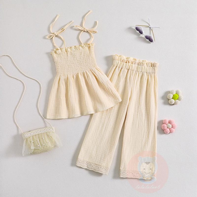 Set Áo hai dây Sát Nách + Quần Dài Phối Ren Hoa Cho Bé Gái LAA6-Kids