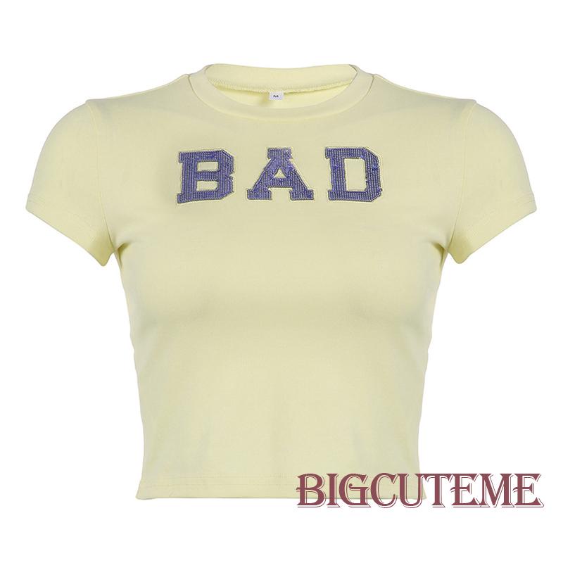 Áo Thun Lửng Ngắn Tay Cổ Tròn In Chữ Thời Trang Nữ Tính