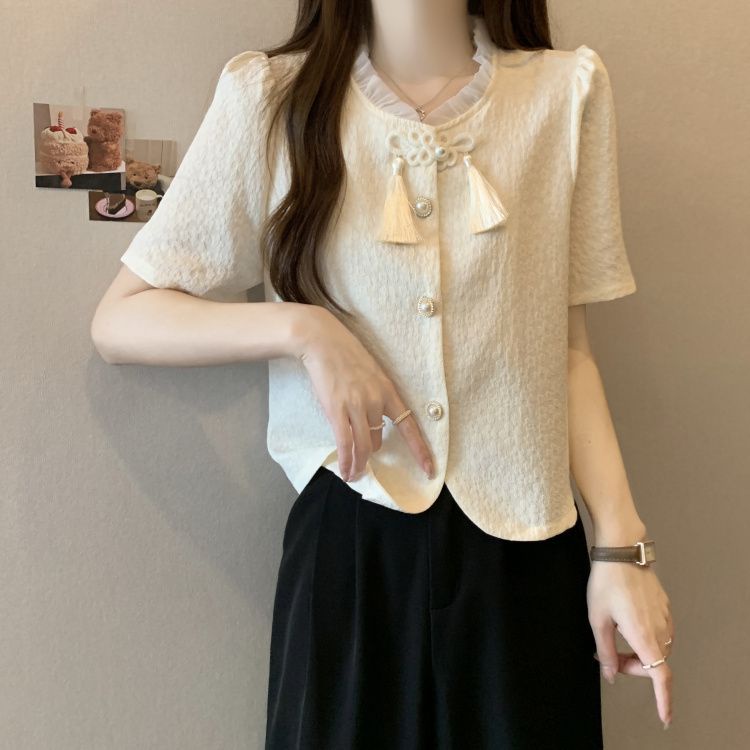 Áo Kiểu Ngắn Tay Phồng Đính Nút Phối Tua Rua Phong Cách Dân Tộc Cổ Điển Thời Trang Mùa Hè Mới Cho Nữ