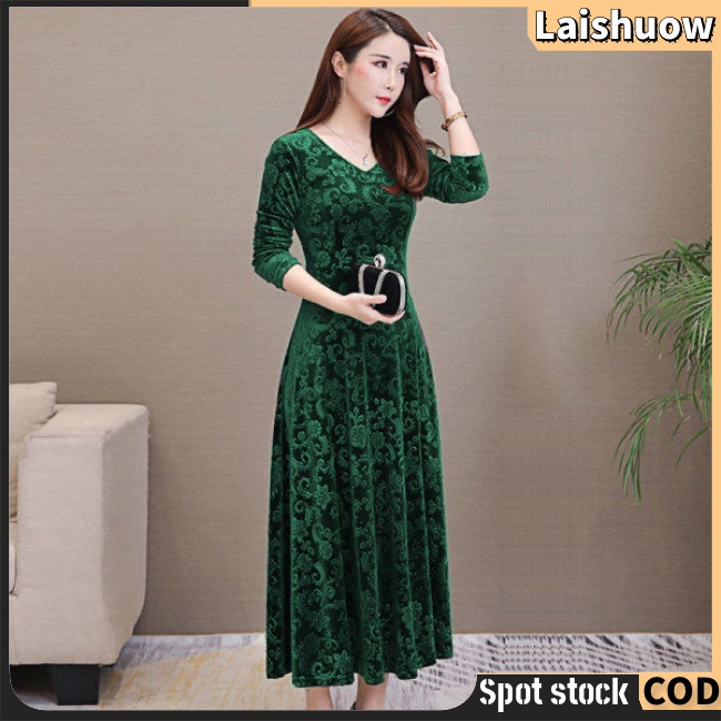 Đầm Nhung Dài Tay Cổ Chữ V Màu Sắc Thanh Lịch Dành Cho Nữ