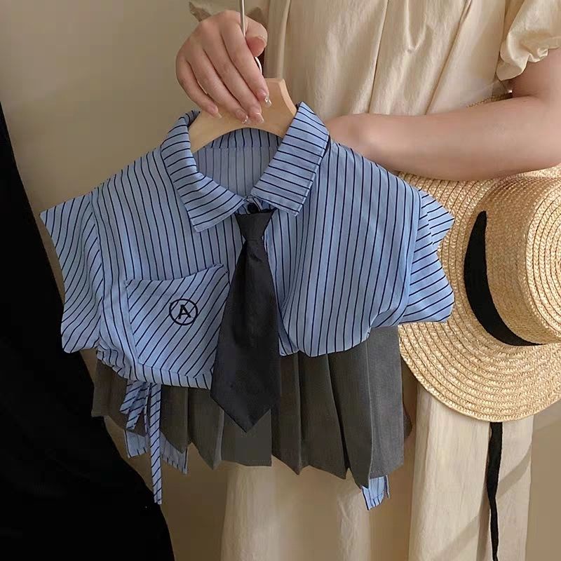 Set Áo Sơ Mi Kẻ Sọc Kèm Chân Váy Phong Cách Hàn Quốc Mới 2023 Cho Bé Gái