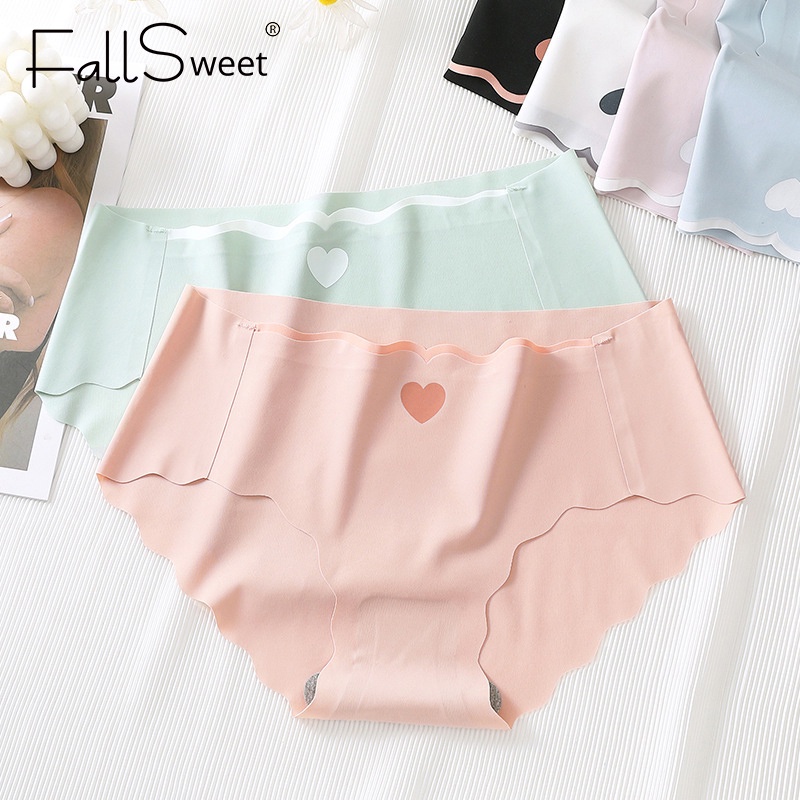 Fallsweet Bộ 5 Quần Lót Nữ Vải Lụa Lạnh Không Đường May Họa Tiết Trái Tim Quả Đào Gợi Cảm