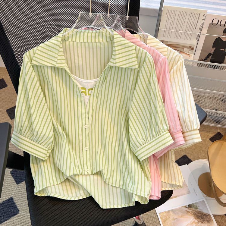Áo Sơ Mi Chiffon Tay Ngắn Giả Hai Lớp Họa Tiết Kẻ Sọc Thời Trang Mùa Hè Cho Nữ