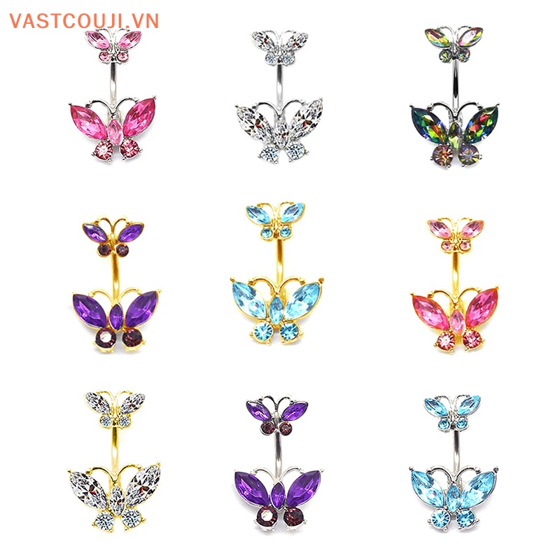 Khuyên Rốn Hình Bướm Hai Lớp Bằng Thủy Tinh Sáng Bóng VASTJI