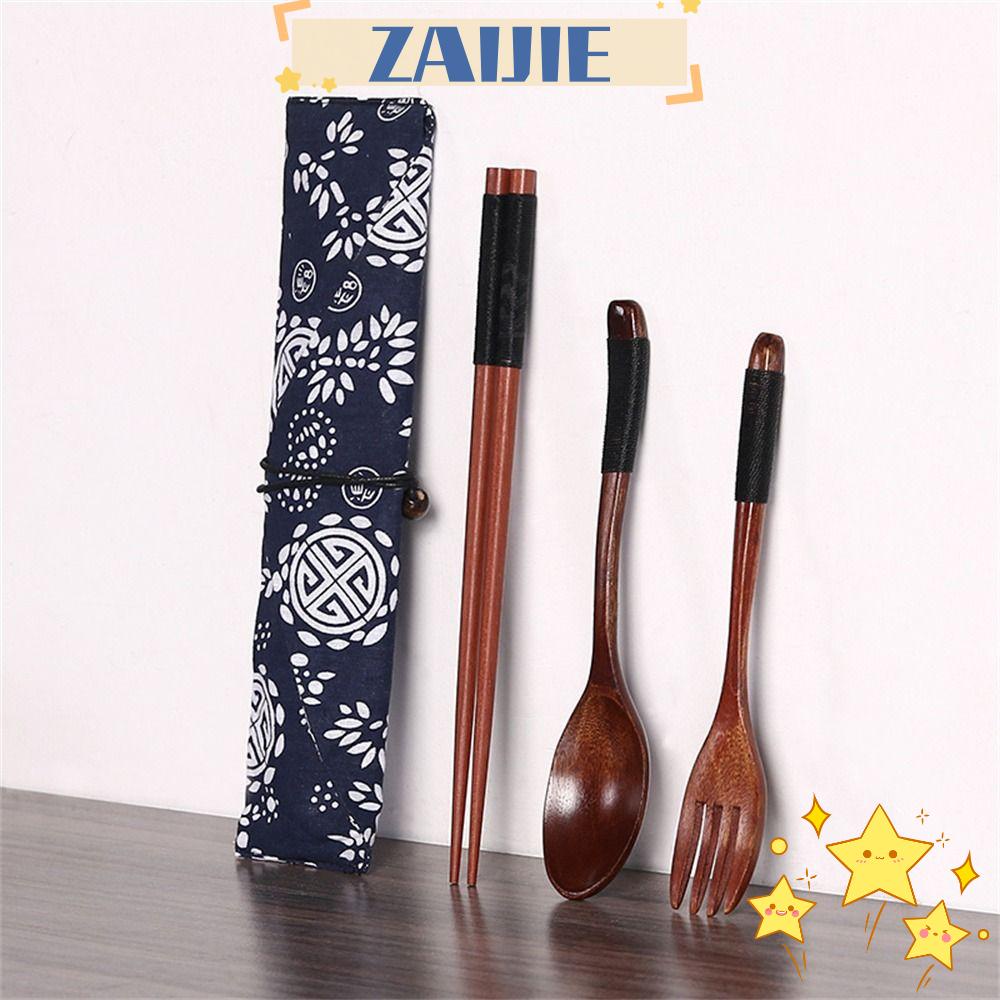 ZAIJIE24 Bộ 4 Dụng Cụ Ăn Uống Bằng Gỗ Gồm Muỗng, Nĩa Và Đũa Dây Buộc Dùng Nhiều Lần