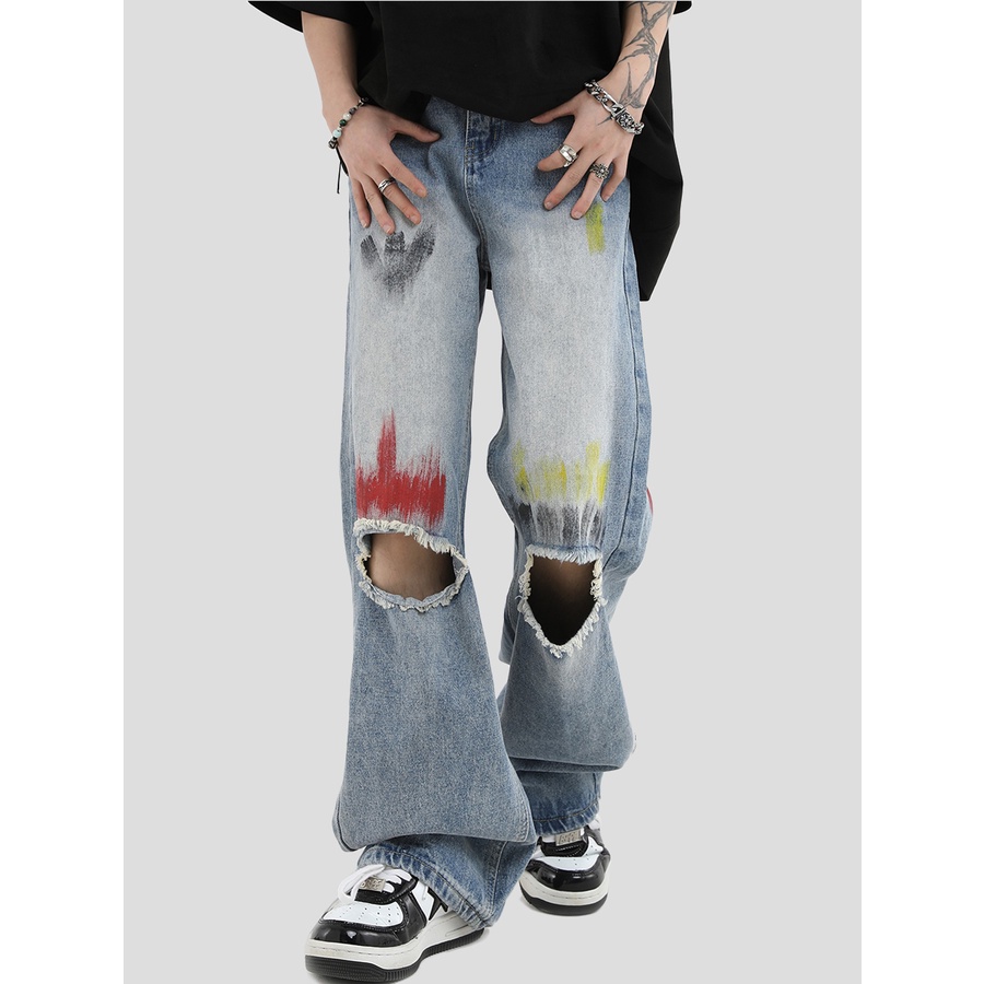 Insstudios Quần Jean Ống Rộng Thẳng Sơn Màu Vẽ Tay Phong Cách Đường Phố Mỹ Cho Cặp Đôi