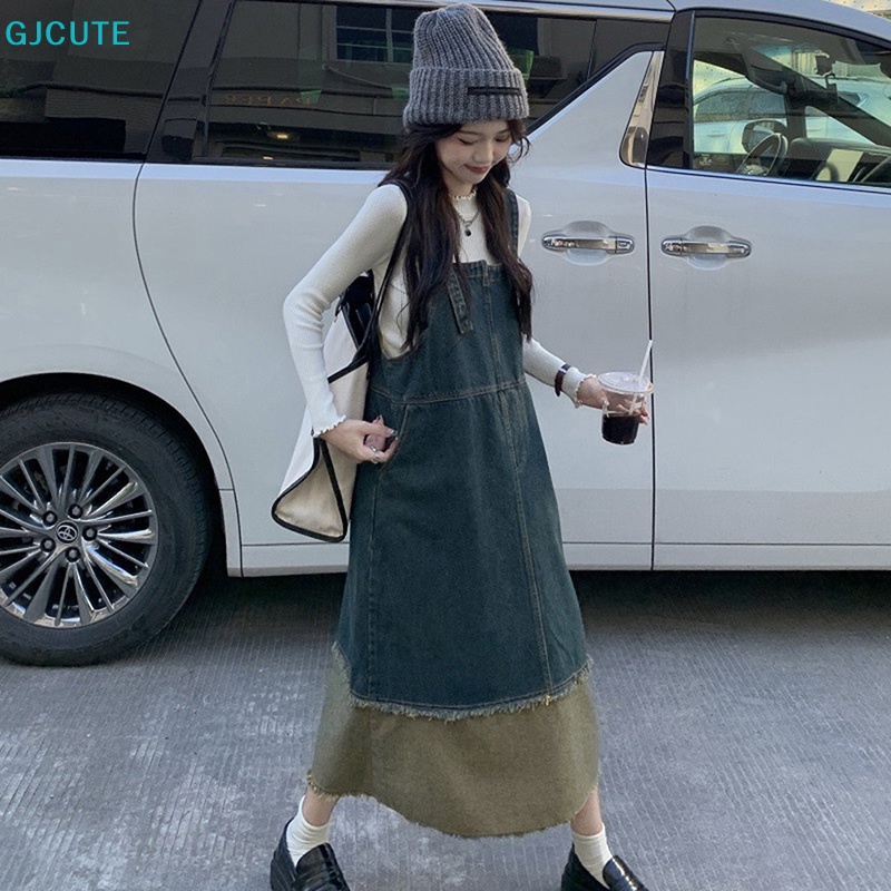 Mfc Đầm Yếm Denim Dáng Rộng Dài Vừa Phối Màu Tương Phản Cổ Điển Thời Trang Xuân Hè Dành Cho Bạn Nữ