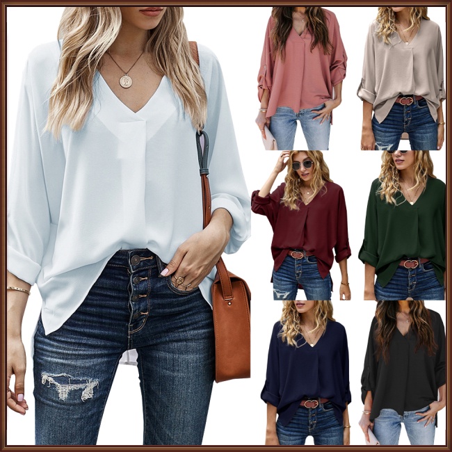Áo Sơ Mi Tay Dài Cổ Chữ V Màu Sắc Thời Trang Dành Cho Nữ