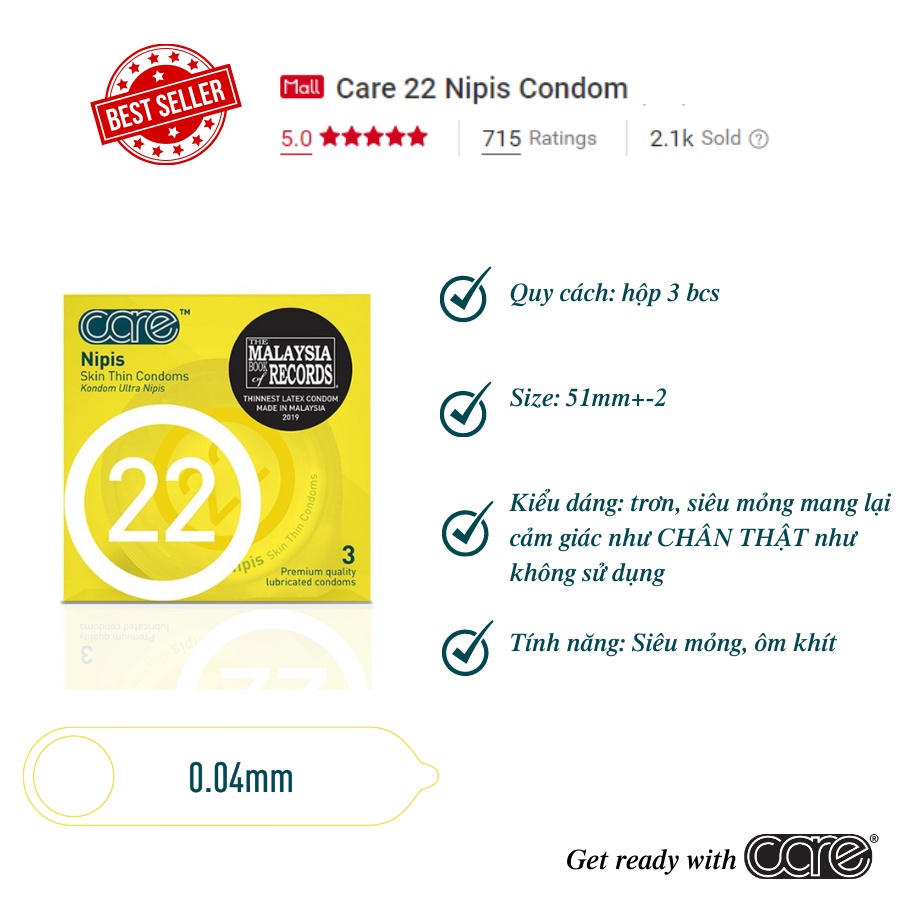 Bao cao su siêu mỏng Care 22 truyền nhiệt,nhiều gel bôi trơn cảm giác chân thật- hộp 3 bcs siêu mỏng