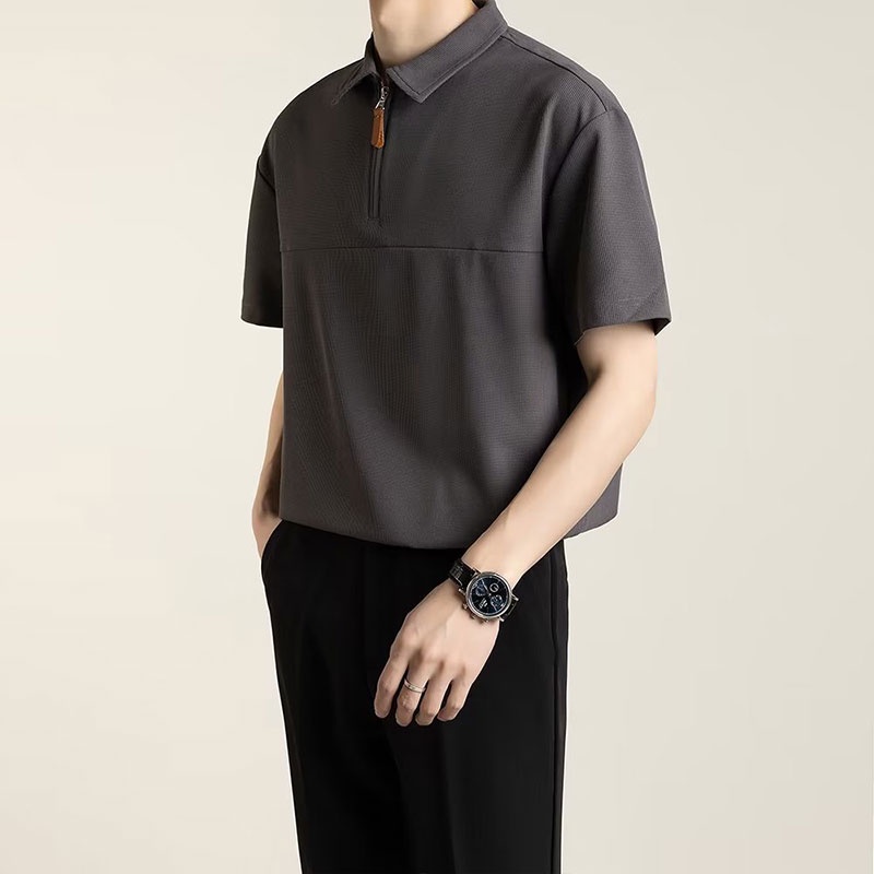Áo thun polo HANLU ngắn tay phối khóa kéo thời trang dành cho nam
