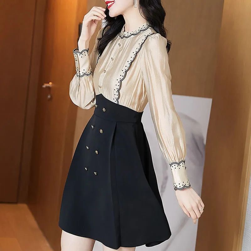 Đầm Sơ Mi Chữ a Tay Dài Ôm Eo Phong Cách Pháp Cổ Điển Thời Trang Mới Cho Nữ