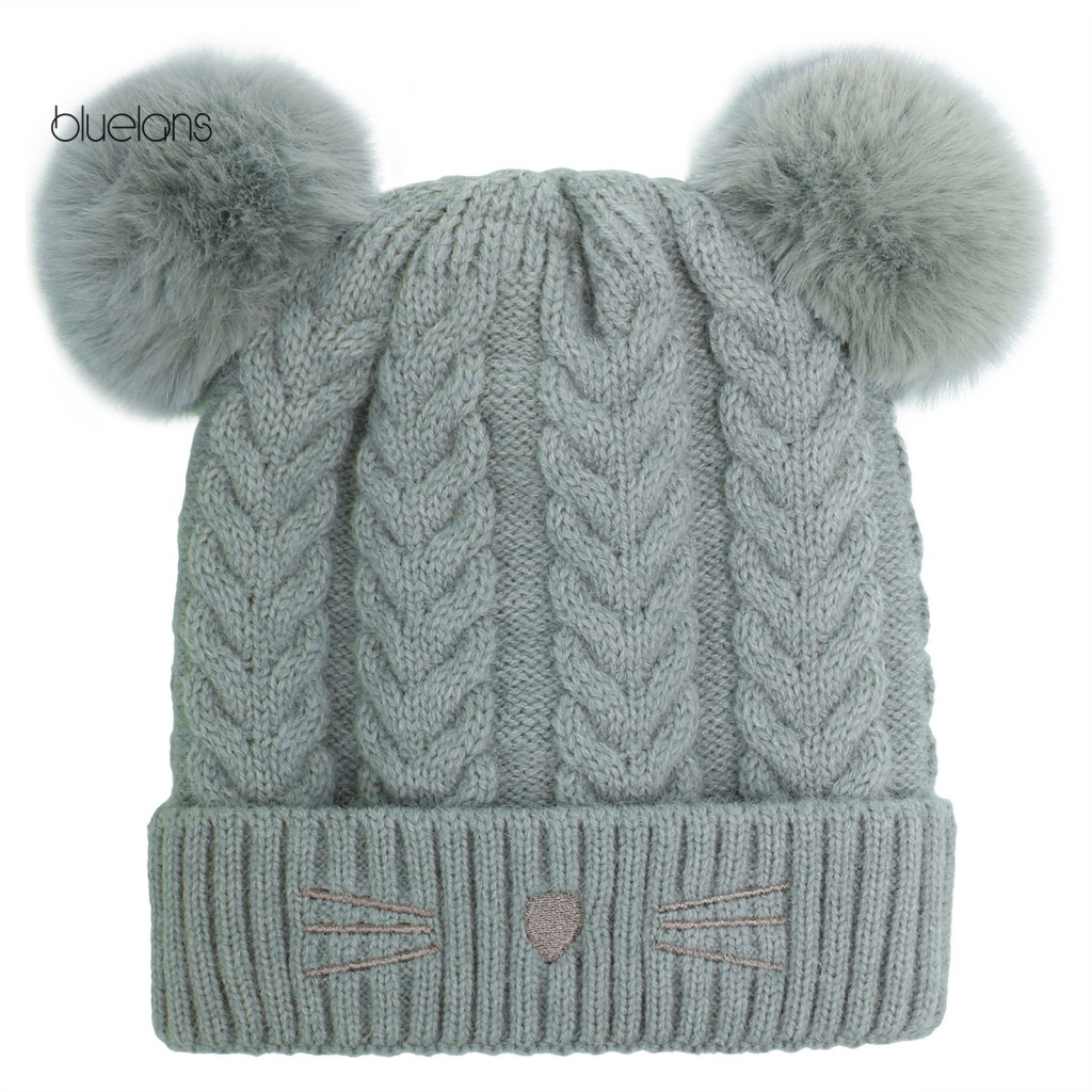 Mũ Beanie Đính Hai Quả Bông Dày Dặn Họa Tiết Hoạt Hình Dễ Thương Cho Bé Gái