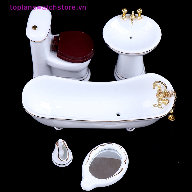 Toplanswatchstore 5 cái 1:12 nhà búp bê miniature sứ phòng tắm bộ bồn cầu bồn tắm gương vn