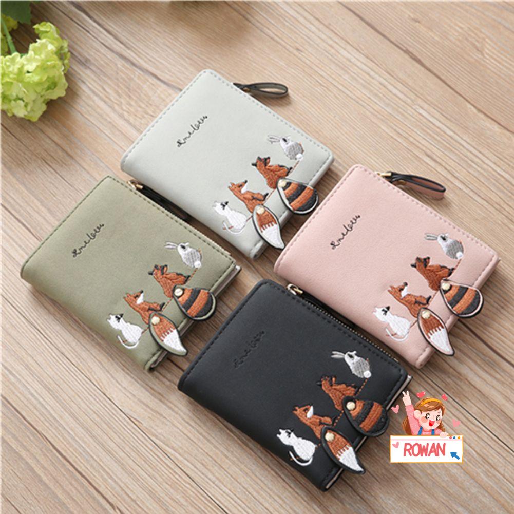 ROWANS Ví Ngắn Đựng Thẻ Chất Lượng Cao Có Khóa Kéo Thêu Hình Cáo Dễ Thương Giá Đỡ