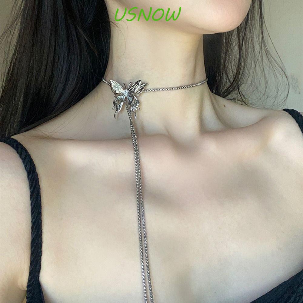 USNOW Vòng Cổ Choker Y2K Bằng Bạc Mặt Hình Bướm Đính Đá Cho Nữ