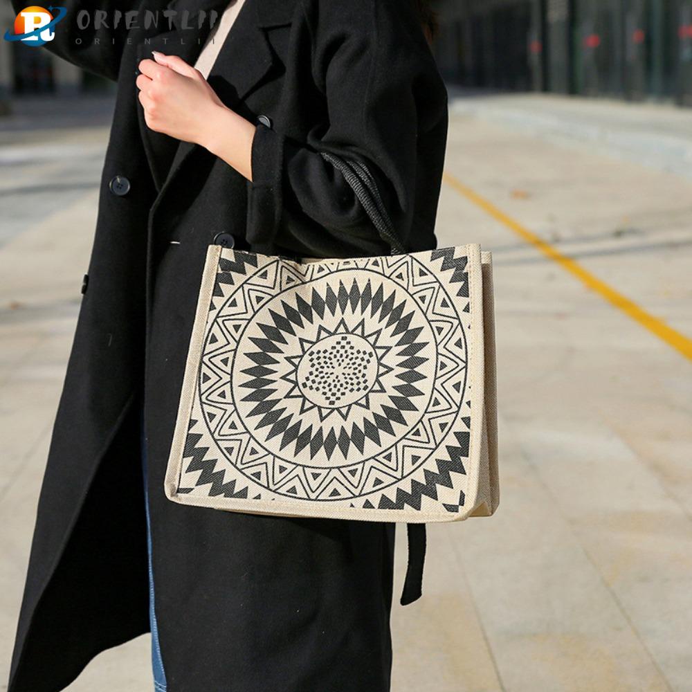 ORIENTLII Túi Xách Vải Sợi Đay Cỡ Lớn Có Tay Cầm In Họa Tiết Thời Trang Cho Nữ