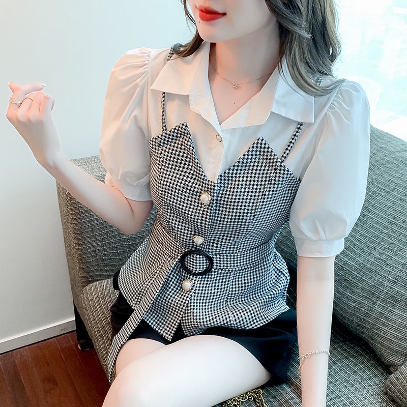 Áo Sơ Mi Chiffon Tay Ngắn Họa Tiết Sọc Caro Phong Cách Vintage Thời Trang Công Sở Cho Nữ