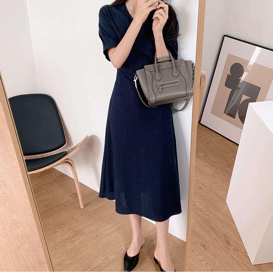 SUXI Đầm Dáng Chữ A Cổ Chữ V Màu Sắc Trơn Phong Cách Hàn Quốc Dành Cho Nữ