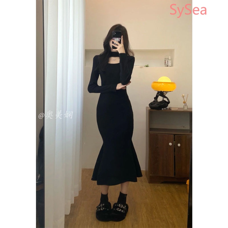 Đầm Đuôi Cá Dệt Kim Tay Dài Dáng Ôm Thời Trang Thanh Lịch Cho Nữ