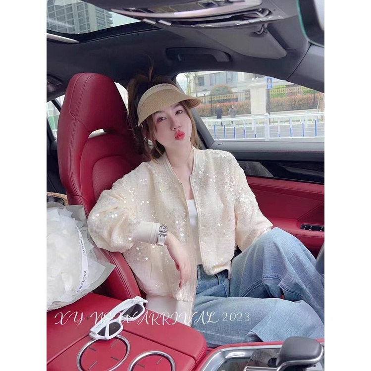 Áo Khoác Bóng Chày Mỏng Dáng Ngắn Đính Kim Sa Lấp Lánh Thời Trang Xuân Hè Cho Nữ