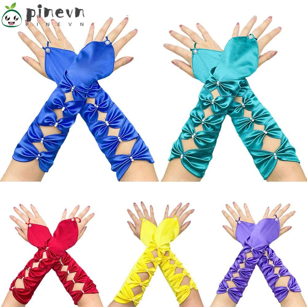 PINEVN Găng Tay Cô Dâu Hở Ngón Vải Satin Đính Nơ