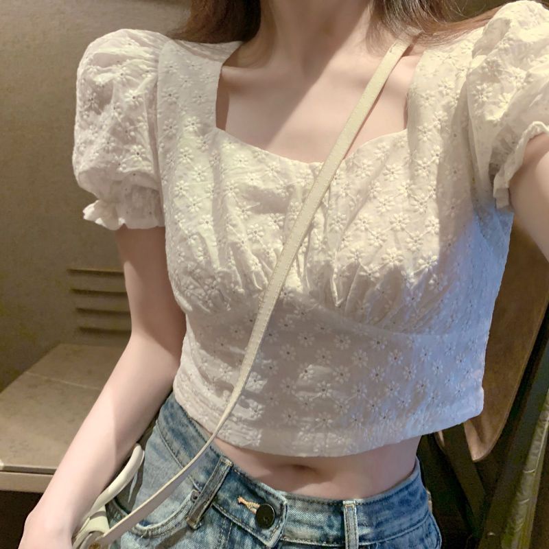 Áo Croptop Ngắn Tay Phồng Cổ Vuông Lưng Cao Thời Trang Mùa Hè 2023 Phong Cách Mới Cho Nữ