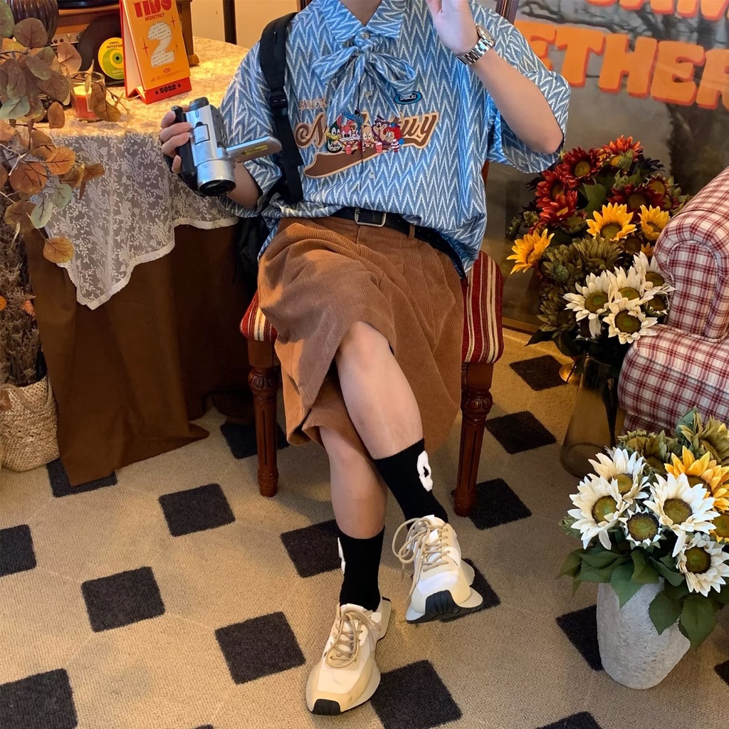 Áo Sơ Mi Tay Ngắn Kẻ Sọc Thêu Họa Tiết Phong Cách Retro Mỹ Thời Trang Mùa Hè Cho Nam Và Nữ