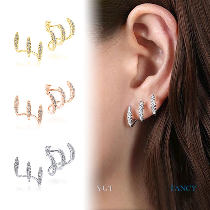 Ygt S925 Bộ Khuyên Tai Cong Ba Lớp Kim Cương Lạnh