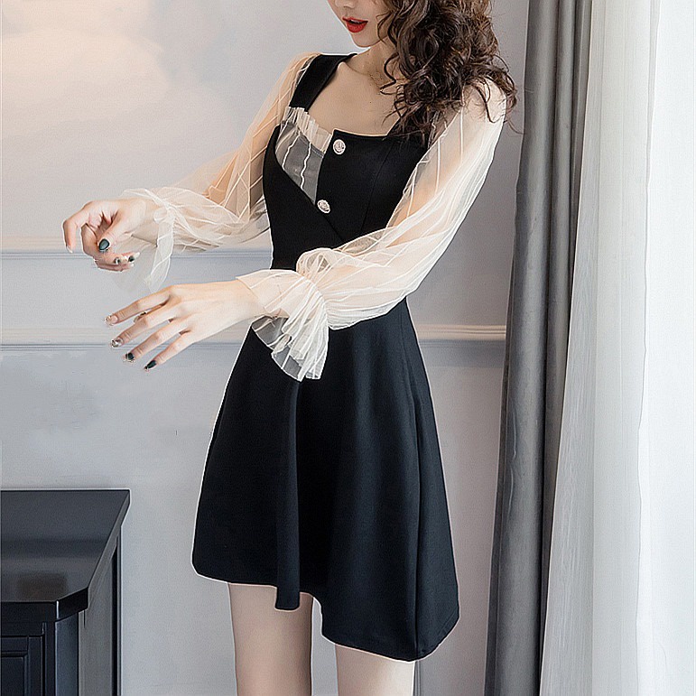 Đầm Dáng Chữ a Cổ Vuông Màu Đen Phong Cách Phương Tây Thời Trang Mùa Xuân Cho Nữ