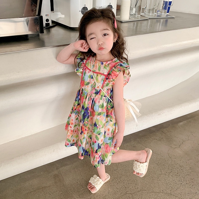 Đầm Công Chúa Tay Phồng Cổ Tròn Phong Cách Hàn Quốc Ngọt Ngào Thời Trang Mùa Hè Cho Bé Gái