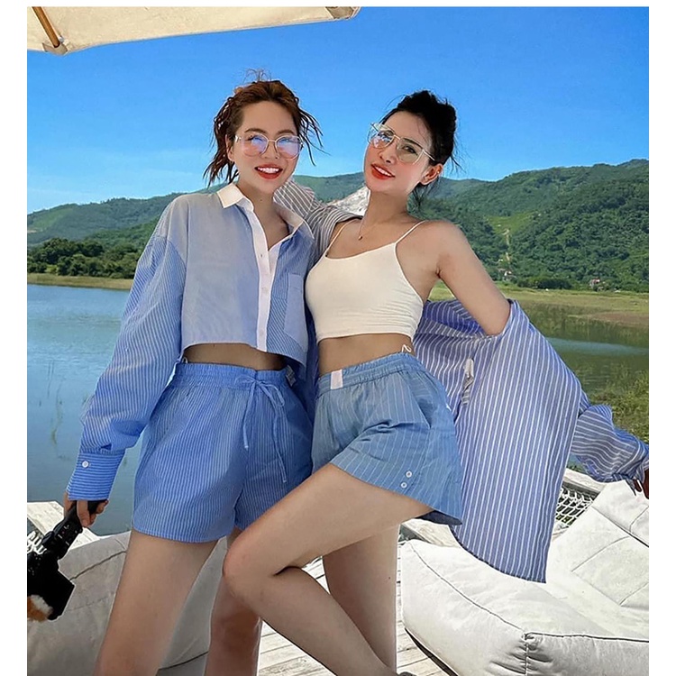 Áo Sơ Mi Ngắn Tay Họa Tiết Kẻ Sọc Và Quần Short Thời Trang Zara Mùa Hè 233298100 8219100