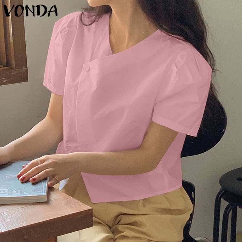 Áo Sơ Mi Ngắn Tay Cổ Tròn Màu Trơn Cài Nút Đơn Giản Phong Cách Hàn Quốc Cho Nữ