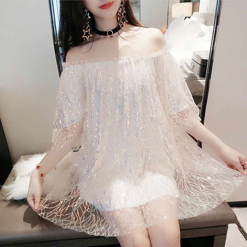 2023 New Dress Women's Loose Short Off Shoulder Top