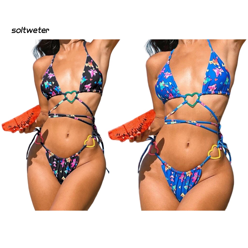 Bộ Đồ Bơi Bikini Hai Dây Có Mút Đệm Họa Tiết Gấu Hoạt Hình Dành Cho Nữ