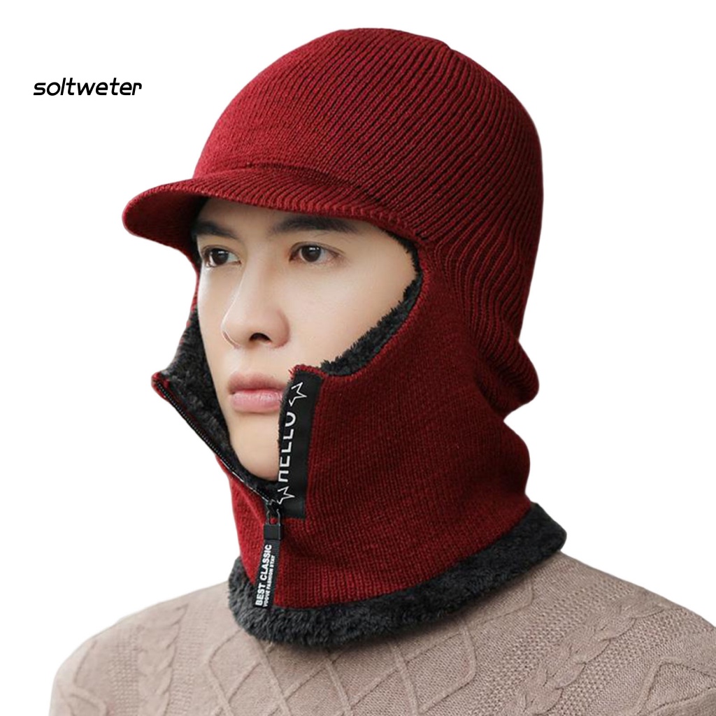 Mũ Giữ Nhiệt Dệt Kim Lót Lông Cừu Màu Trơn Bảo Vệ Cổ 2 Trong 1 Có Khóa Kéo Cho Nam