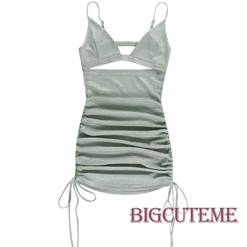 Đầm Dây Rút Cổ Chữ V Khoét Sâu Lấp Lánh Thời Trang Nữ