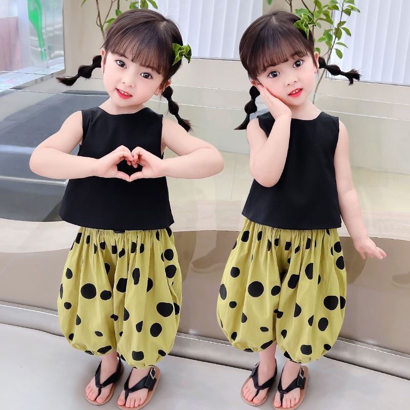 Hàng Mới Về Mới Set Áo Dây Chấm Bi + Áo Khoác Không Tay + Quần Short Thời Trang Mùa Hè Cho Bé Gái