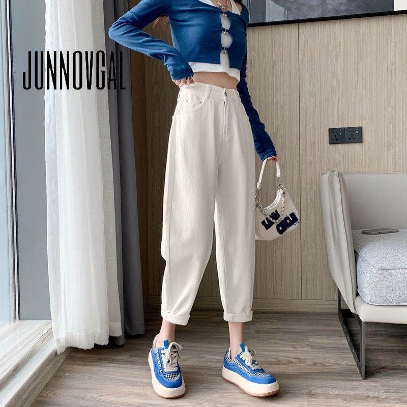 Junnovgal women 2023 thời trang mới quần jean harlan rộng rãi và đơn giản thắt lưng giản dị đa năng