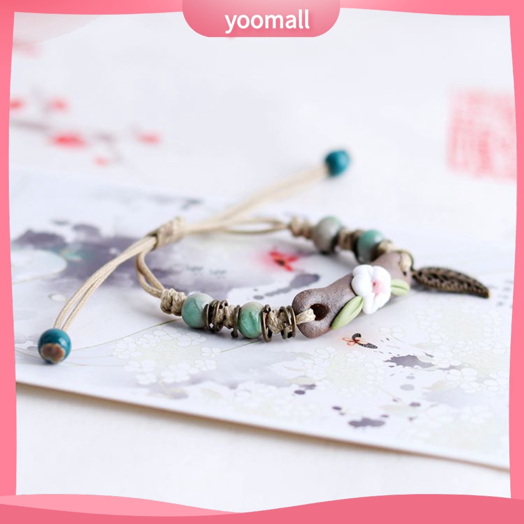 [YM] Vòng Đeo Tay Dây Bện Gắn Hạt Gốm Lá Rỗng Có Thể Điều Chỉnh Làm Quà Tặng Trang Sức Thời Trang Cho Nữ Sinh