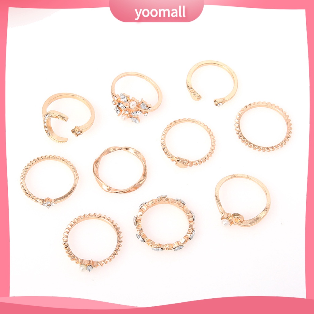 Bộ 10 Nhẫn Thời Trang Hình Học / Lá / Mặt Trăng / Trái Tim Không Phai Màu Trọng Lượng Nhẹ Cho Nữ