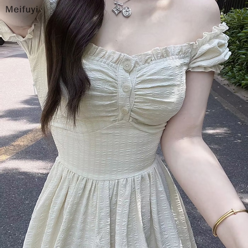 [Meifuyi] Puff Sleeve Dresses Women Midi Sweet Bodycon Summer French Style Ruffles Casual Dress COD