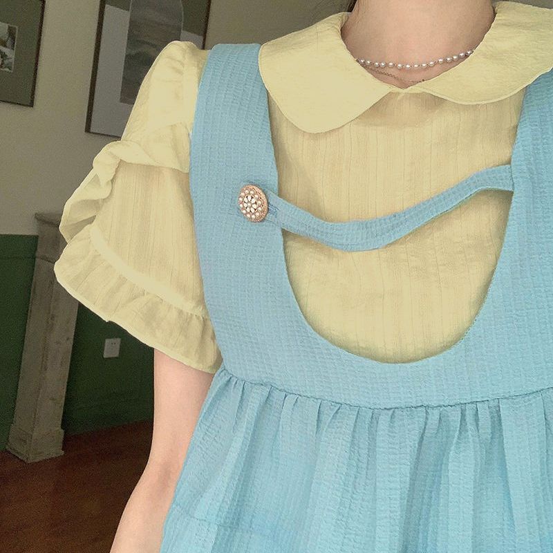 Bộ Áo Sơ Mi Cổ Búp Bê + Chân Váy Chữ A Hai Mặt Xinh Xắn Dành Cho Nữ