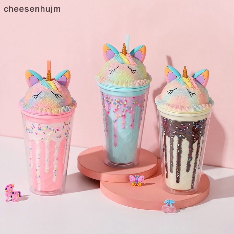 Cốc Uống Nước Hai Lớp Bằng Nhựa Họa Tiết Kỳ Lân Hoạt Hình Dễ Thương Kèm Ống Hút Tiện Dụng Cho Mùa Hè