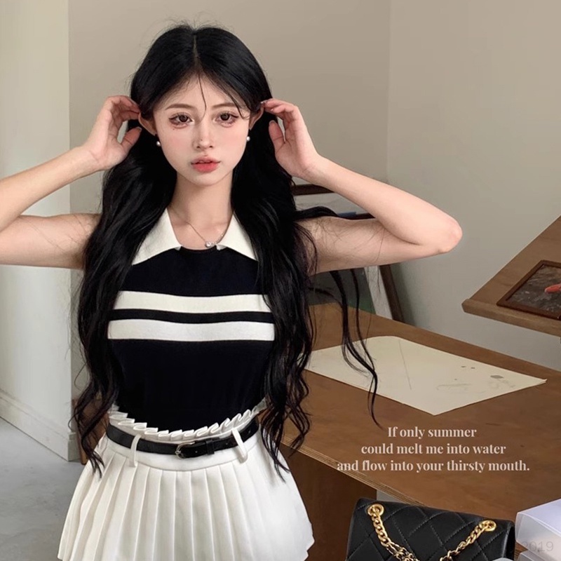 Áo Croptop Dệt Kim Sát Nách Cổ Bẻ Thời Trang Mùa Hè Hàn Quốc Cho Nữ