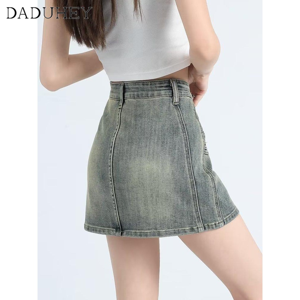 Chân váy denim DADUHEY dáng chữ A lưng cao mỏng công nghệ washed phong cách retro Mỹ mới